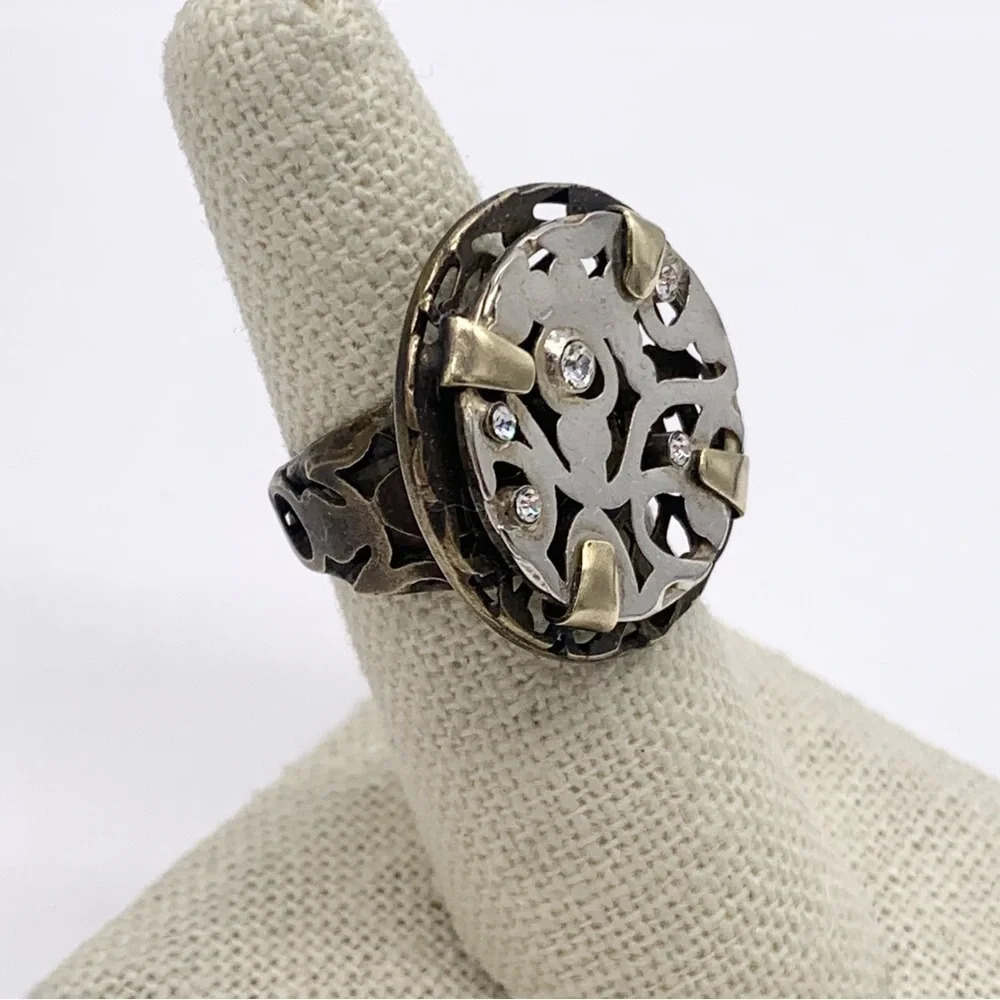 Sorrelli Brass and Silver Crystal Studded Adjustable Band Ring